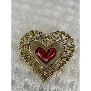 Vintage 1990 Dangling Heart Pin Gold Tone Red Enamel Avon Love Valentines